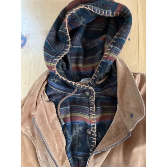 BT Ltd Jacket Mens Large Suede + Aztec Southwest Hood Lined Car Coat Vintage - Picture 5 of 16